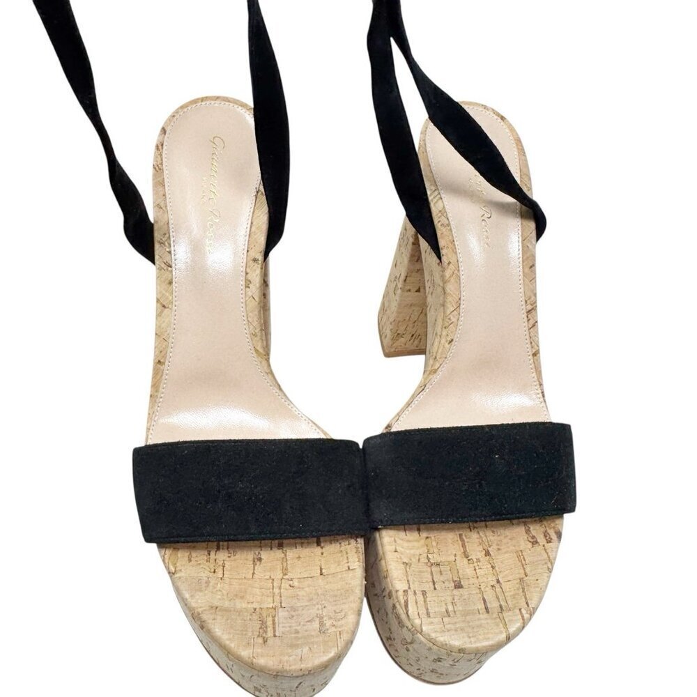 Gianvito Rossi size 39 9 Cork Platform Sandals Ankle Tie Strap Black Suede shoes - Picture 10 of 15
